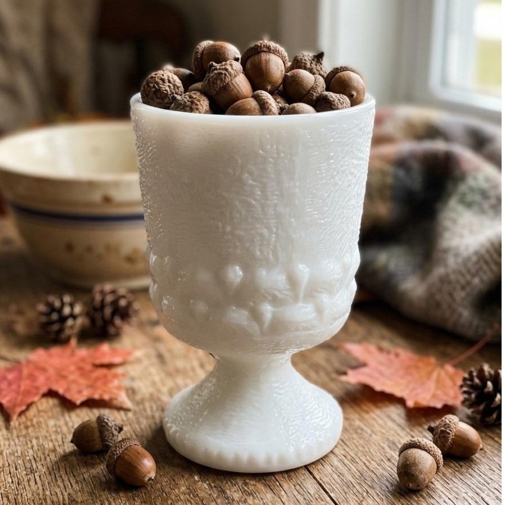 Vtg Westmoreland Milk Glass Goblet Vase Fall Acorn Christmas Paperwhite Planter